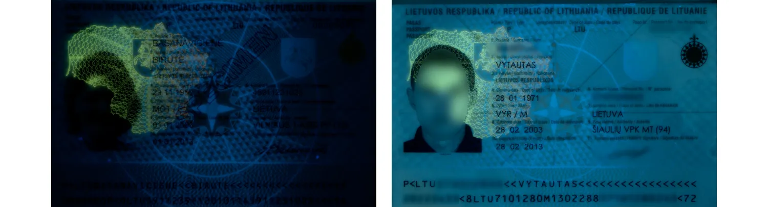 Authentic and fake passport under ultraviolet light